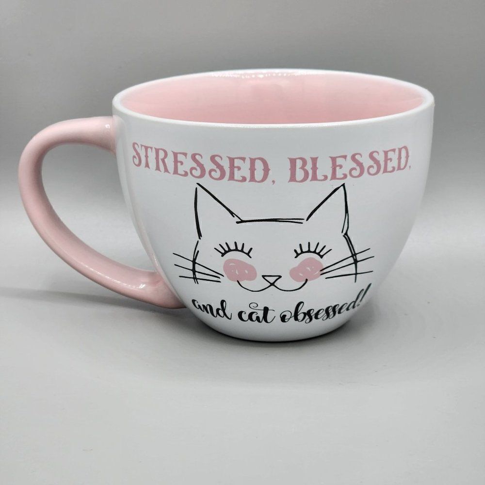 Cat Mug Stressed Blessed Cat Obsessed Pink Coffee Latte Tea Cat Drawing 18 oz